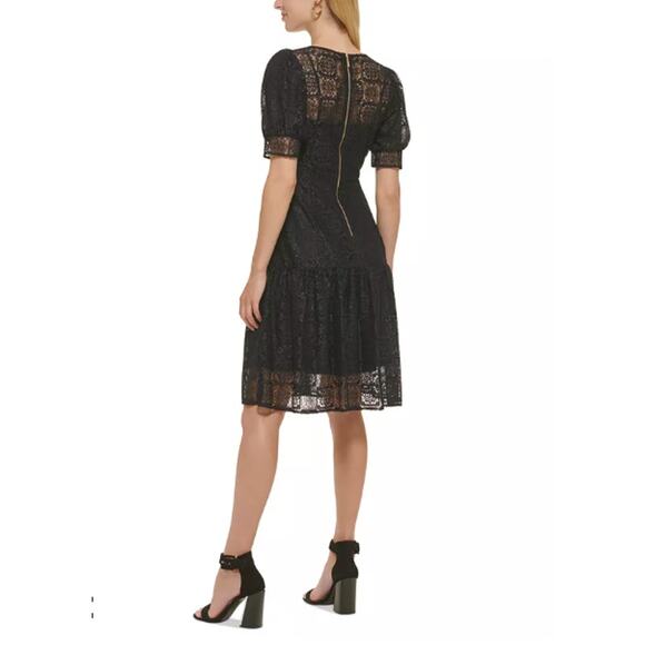 CALVIN KLEIN NWT Black Puff Sleeve Tiered Hem Lace  Dress // 8 - Picture 2 of 14